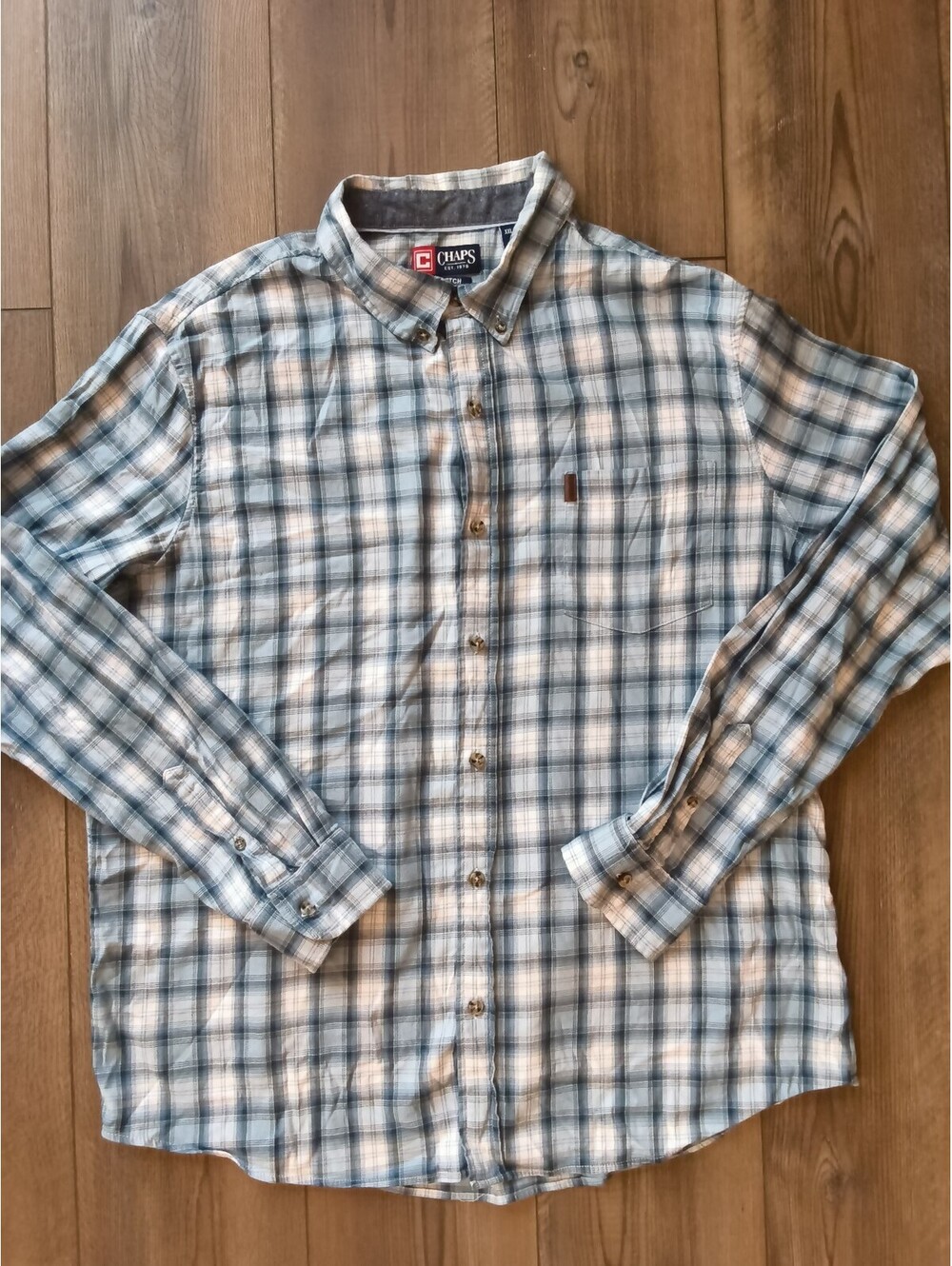Chaps Ralph Lauren Men's XXL Stretch Plaid Button-Down Shirt Blue and White